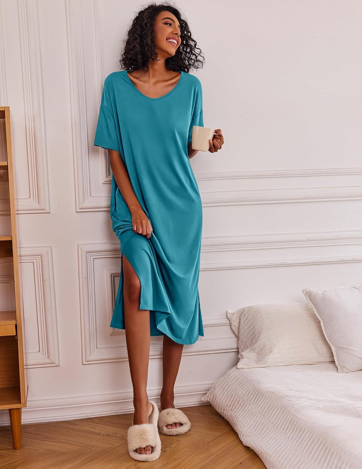 image:imageEkouaer Womens Long Nightgown Short Sleeve Night Shirt Plus Size SleepwearPeacock Blue