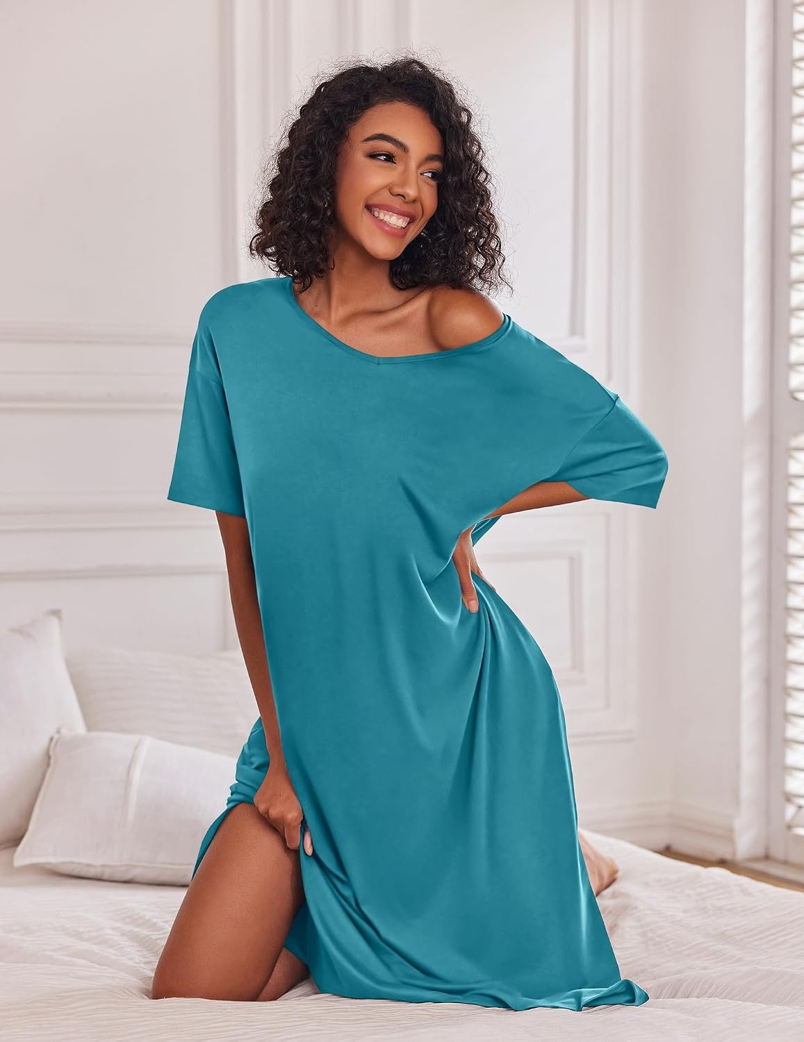 image:imageEkouaer Womens Long Nightgown Short Sleeve Night Shirt Plus Size SleepwearPeacock Blue