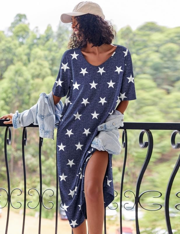 image:imageEkouaer Womens Long Nightgown Short Sleeve Night Shirt Plus Size SleepwearStar Print