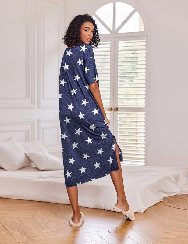image:imageEkouaer Womens Long Nightgown Short Sleeve Night Shirt Plus Size SleepwearStar Print