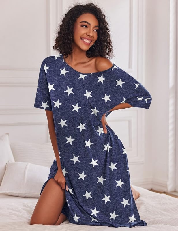 image:imageEkouaer Womens Long Nightgown Short Sleeve Night Shirt Plus Size SleepwearStar Print
