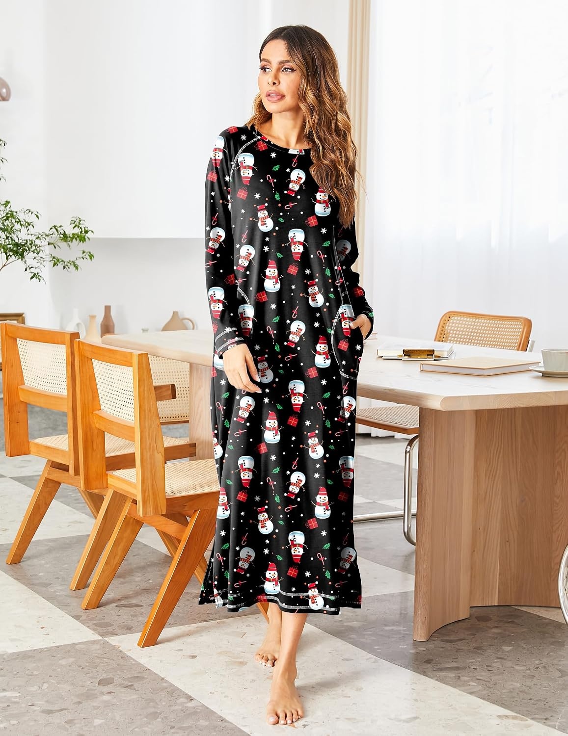 image:imageEkouaer Womens Long Sleeve Nightgown Full Length Nightshirt with PocketsChristmas Snowman
