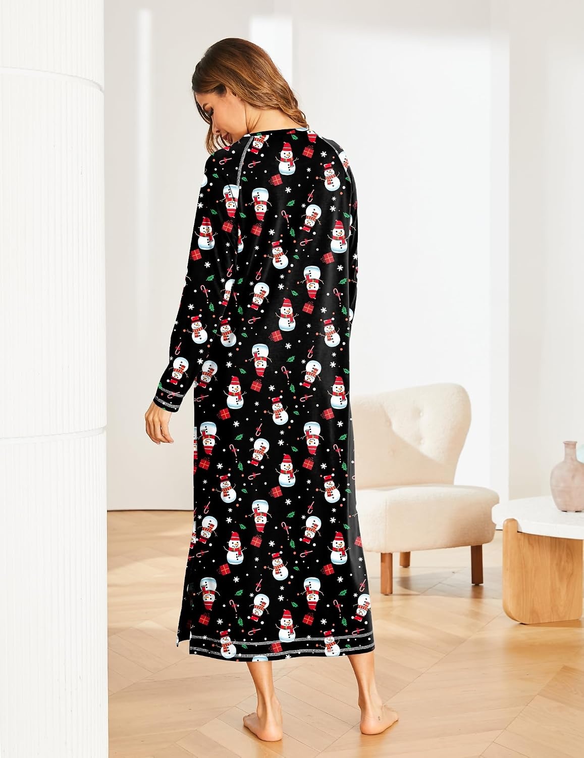 image:imageEkouaer Womens Long Sleeve Nightgown Full Length Nightshirt with PocketsChristmas Snowman