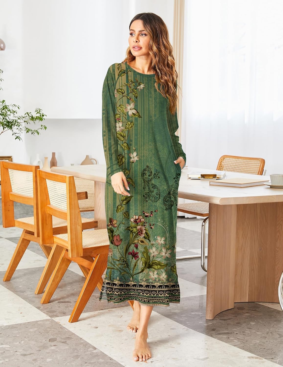 image:imageEkouaer Womens Long Sleeve Nightgown Full Length Nightshirt with PocketsGreen Floral