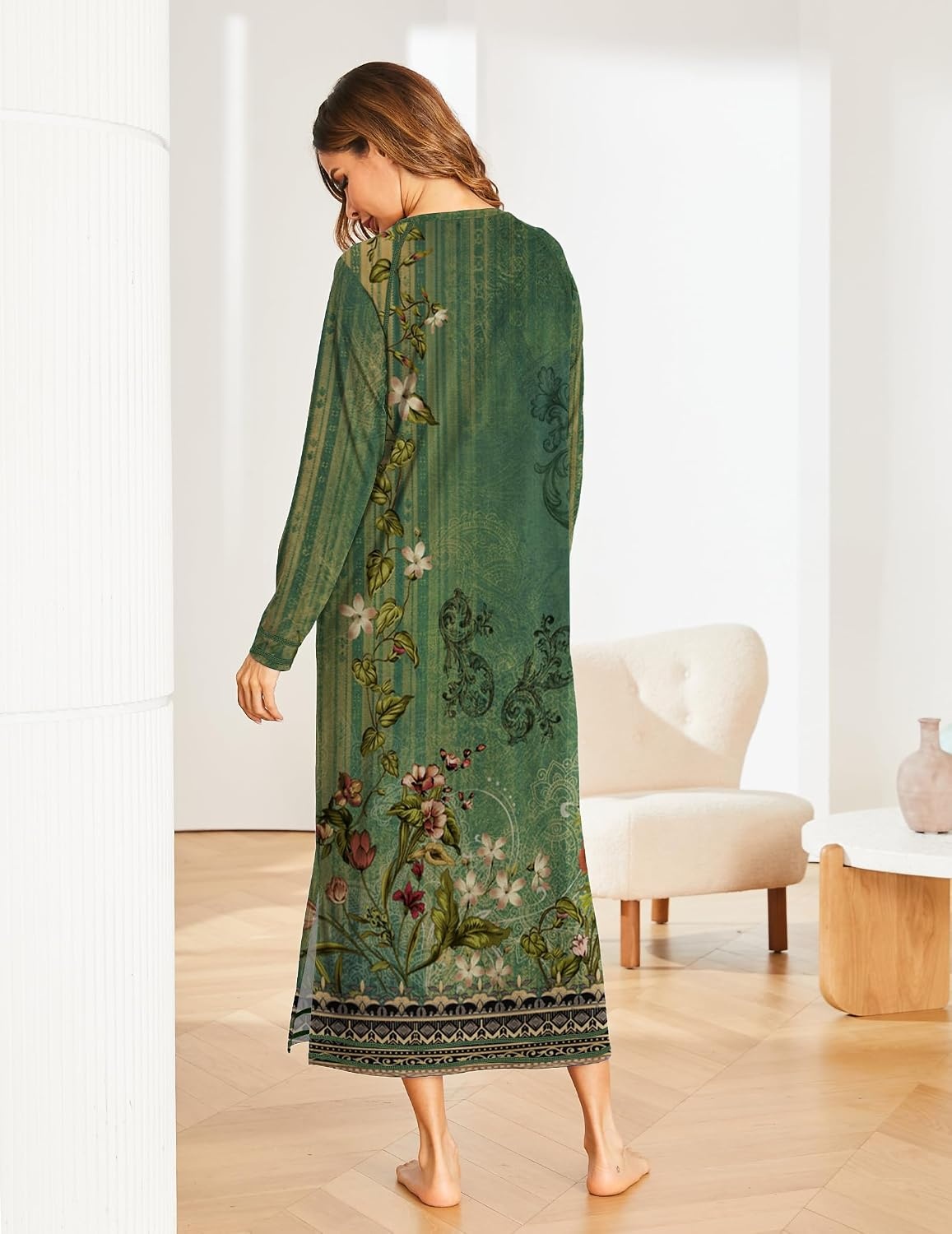image:imageEkouaer Womens Long Sleeve Nightgown Full Length Nightshirt with PocketsGreen Floral