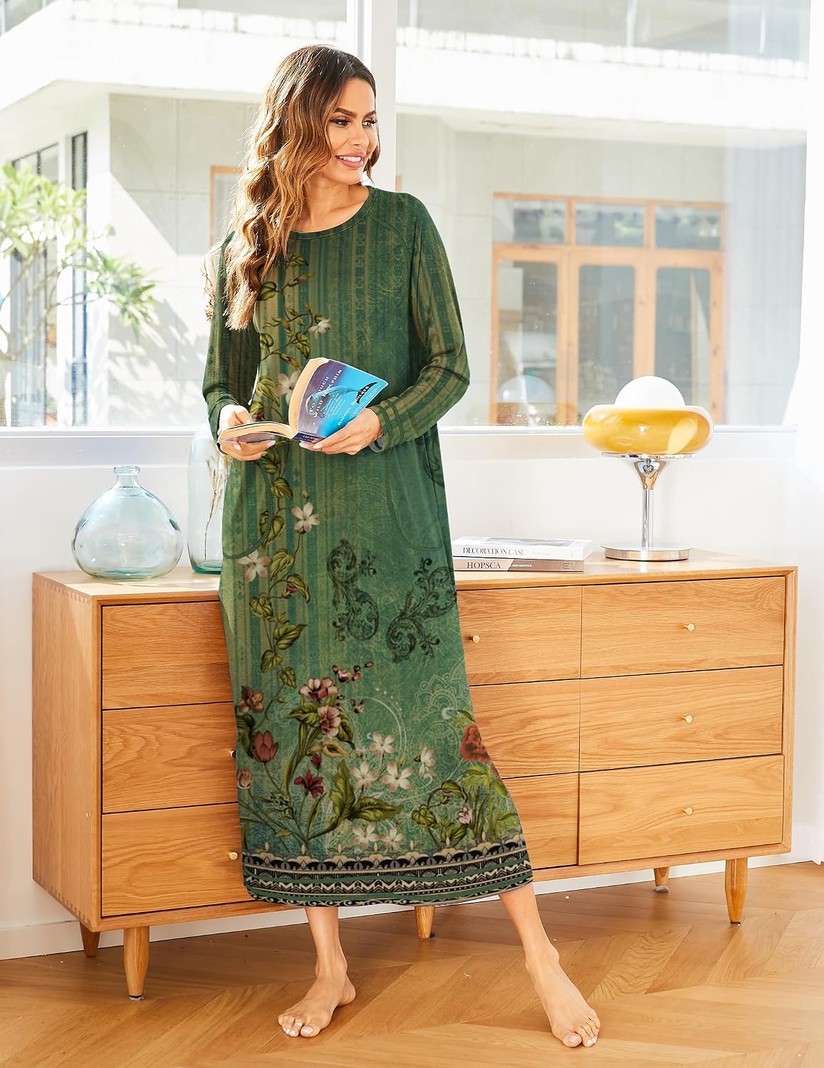 image:imageEkouaer Womens Long Sleeve Nightgown Full Length Nightshirt with PocketsGreen Floral