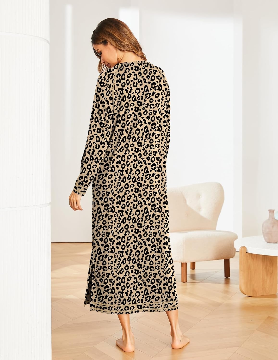 image:imageEkouaer Womens Long Sleeve Nightgown Full Length Nightshirt with PocketsLeopard