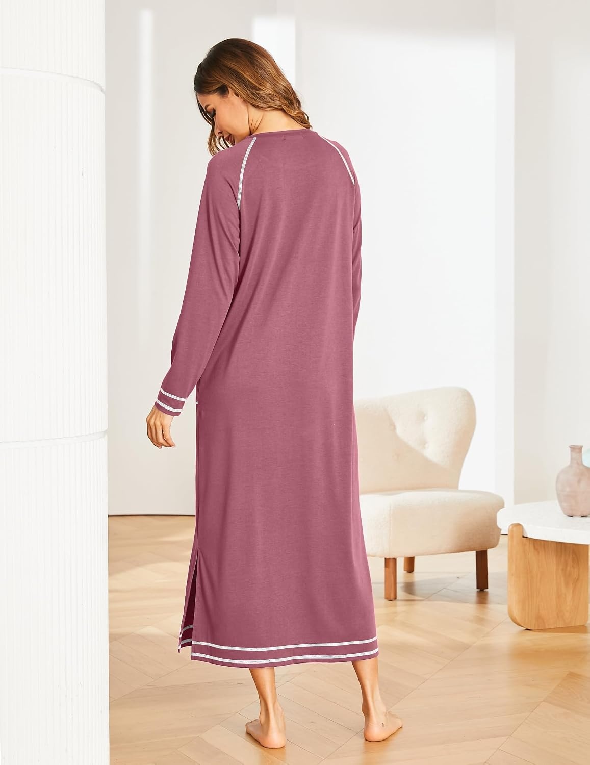 image:imageEkouaer Womens Long Sleeve Nightgown Full Length Nightshirt with PocketsPink