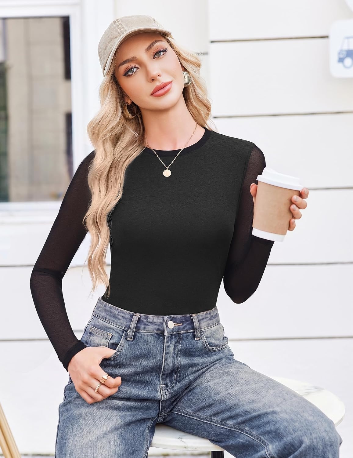 image:imageEkouaer Womens Mesh Long Sleeve Tops Fall Fashion Crew Neck Slim Fit ShirtsA Black