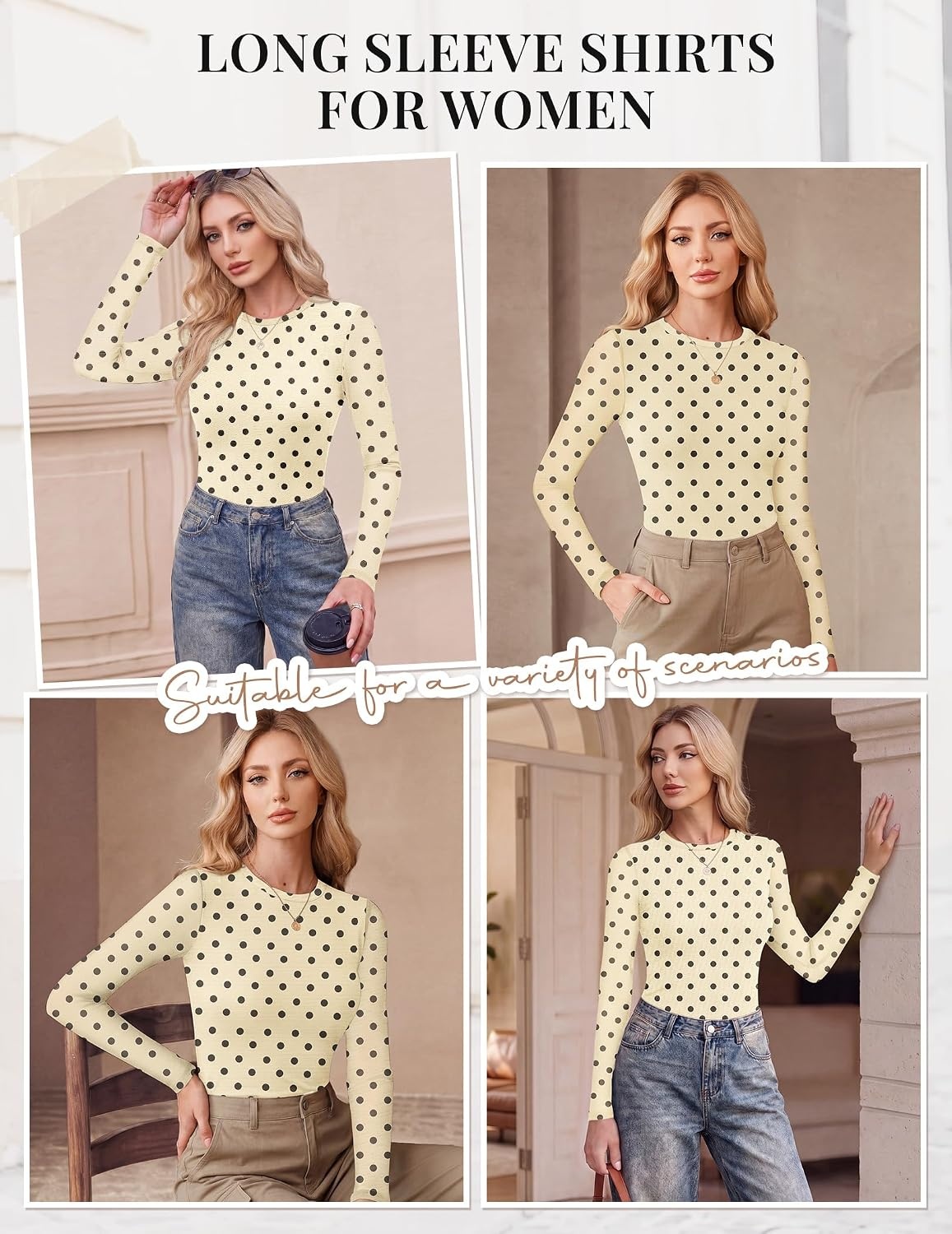 image:imageEkouaer Womens Mesh Long Sleeve Tops Fall Fashion Crew Neck Slim Fit ShirtsBeige