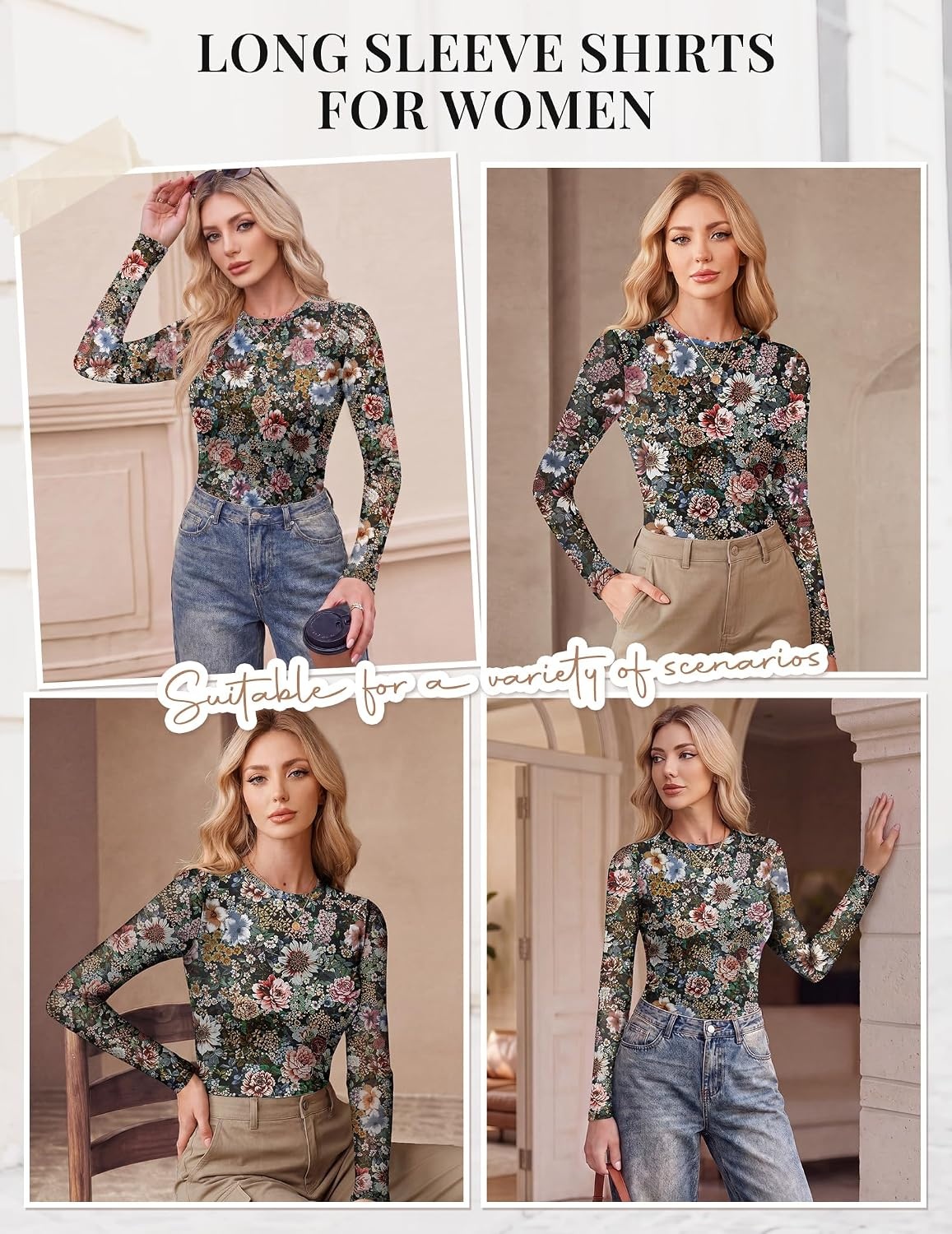 image:imageEkouaer Womens Mesh Long Sleeve Tops Fall Fashion Crew Neck Slim Fit ShirtsFloral Fierce