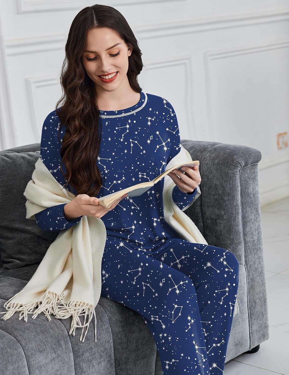 image:imageEkouaer Womens Pajama Sets Long Sleeve 2 Piece Lounge Sets 2026 Fall SXXLDark Blue Starry Sky