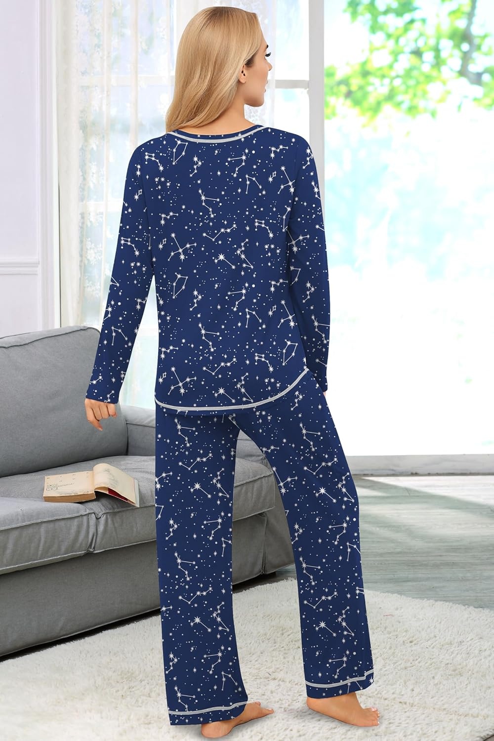 image:imageEkouaer Womens Pajama Sets Long Sleeve 2 Piece Lounge Sets 2026 Fall SXXLDark Blue Starry Sky