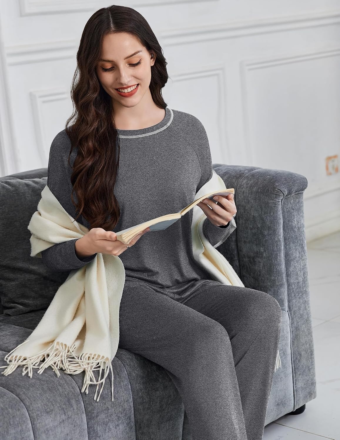 image:imageEkouaer Womens Pajama Sets Long Sleeve 2 Piece Lounge Sets 2026 Fall SXXLDark Grey