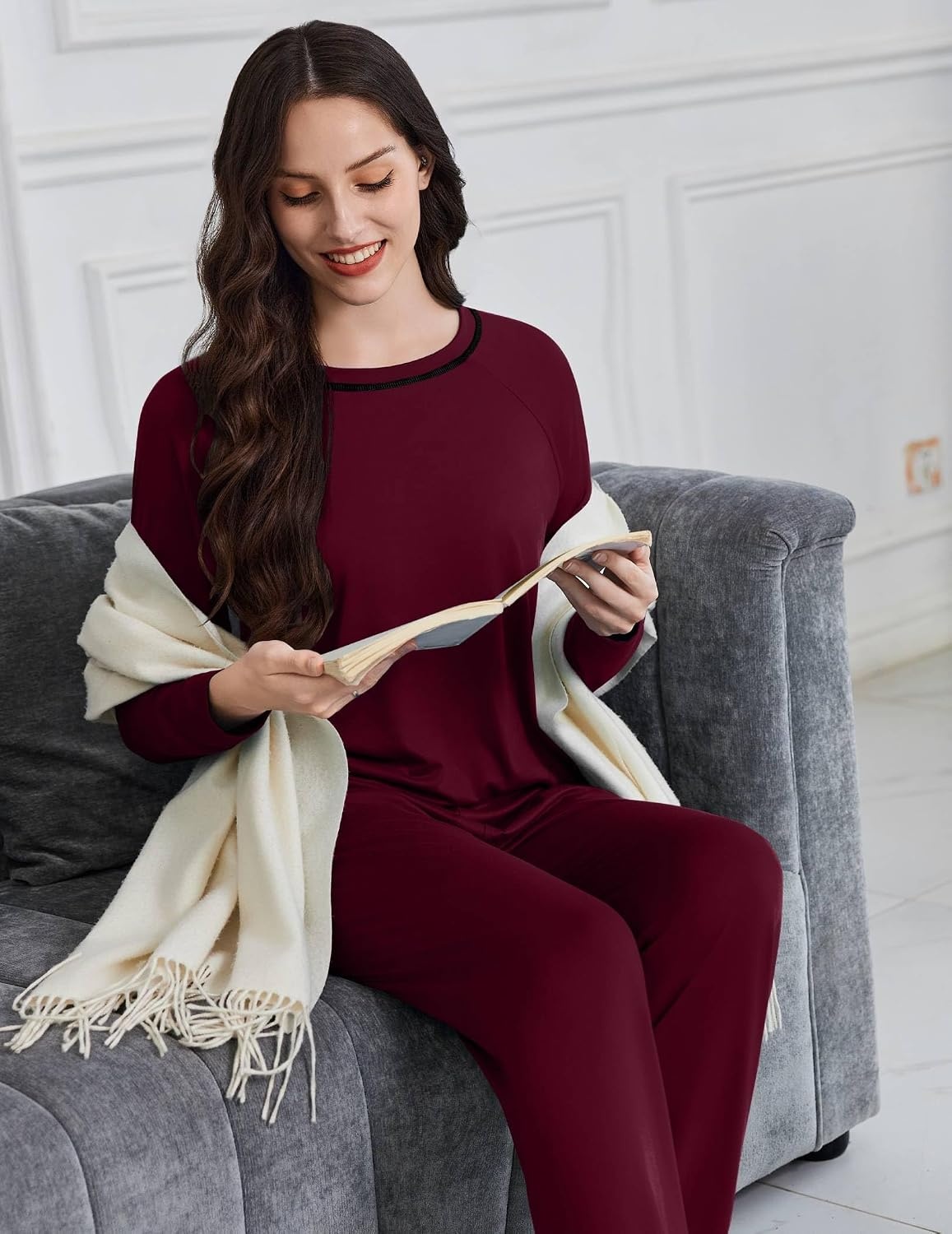 image:imageEkouaer Womens Pajama Sets Long Sleeve 2 Piece Lounge Sets 2026 Fall SXXLDark Red