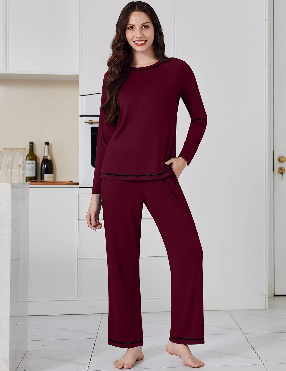 image:imageEkouaer Womens Pajama Sets Long Sleeve 2 Piece Lounge Sets 2026 Fall SXXLDark Red