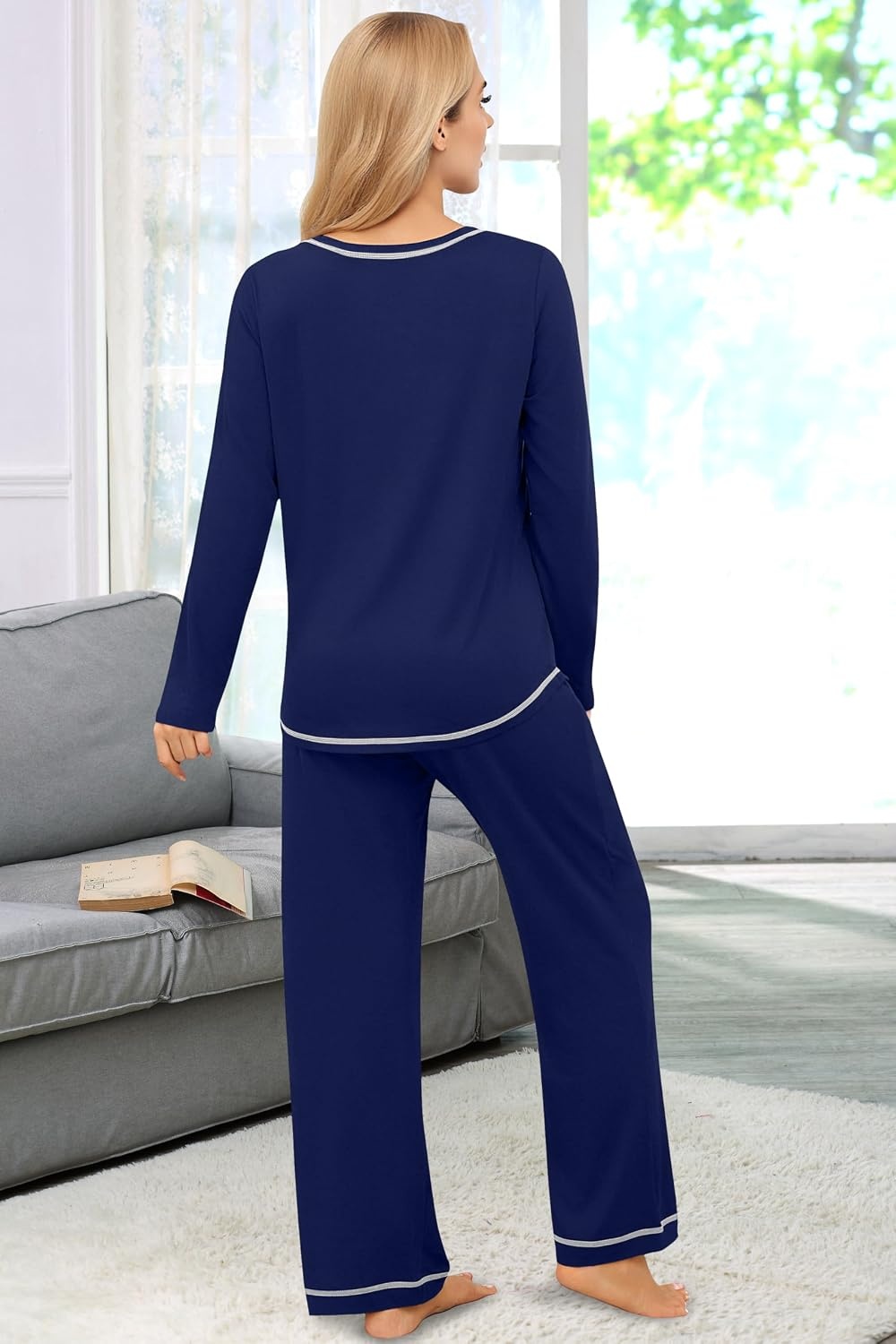 image:imageEkouaer Womens Pajama Sets Long Sleeve 2 Piece Lounge Sets 2026 Fall SXXLNavy Blue