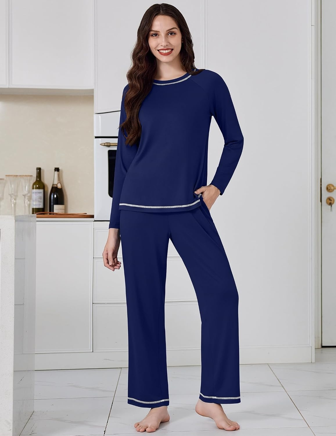 image:imageEkouaer Womens Pajama Sets Long Sleeve 2 Piece Lounge Sets 2026 Fall SXXLNavy Blue