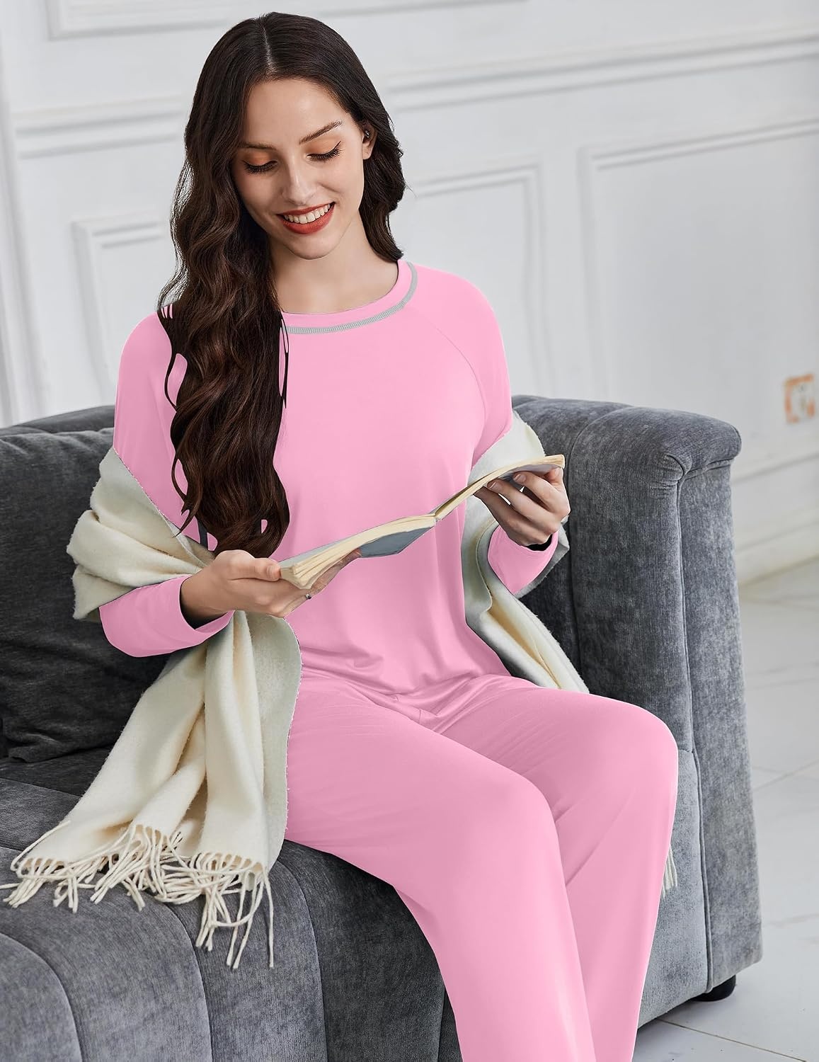 image:imageEkouaer Womens Pajama Sets Long Sleeve 2 Piece Lounge Sets 2026 Fall SXXLPink