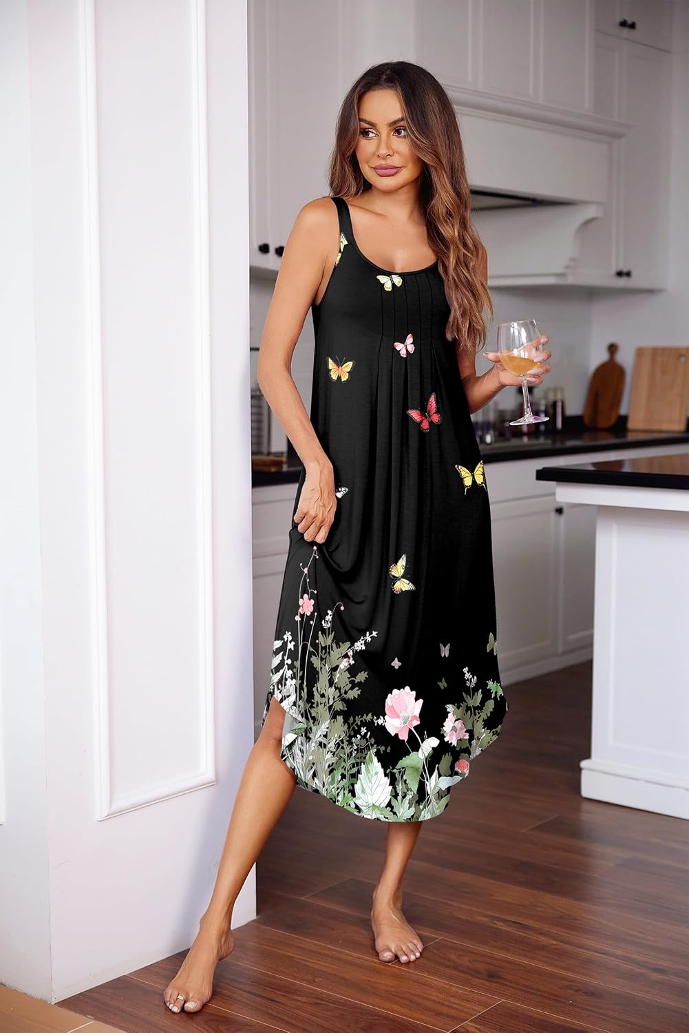 image:imageEkouaer Womens Sleeveless Nightgowns Long Sleep Dress Wide Strap SleepwearGreen Leaf