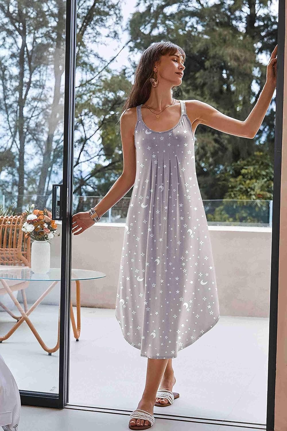 image:imageEkouaer Womens Sleeveless Nightgowns Long Sleep Dress Wide Strap SleepwearGrey Star