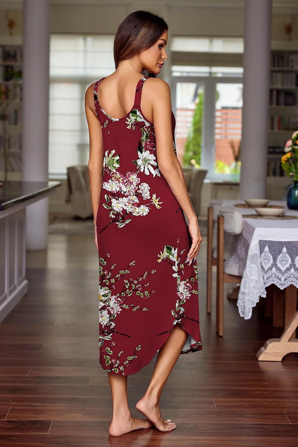 image:imageEkouaer Womens Sleeveless Nightgowns Long Sleep Dress Wide Strap SleepwearRed Flowers