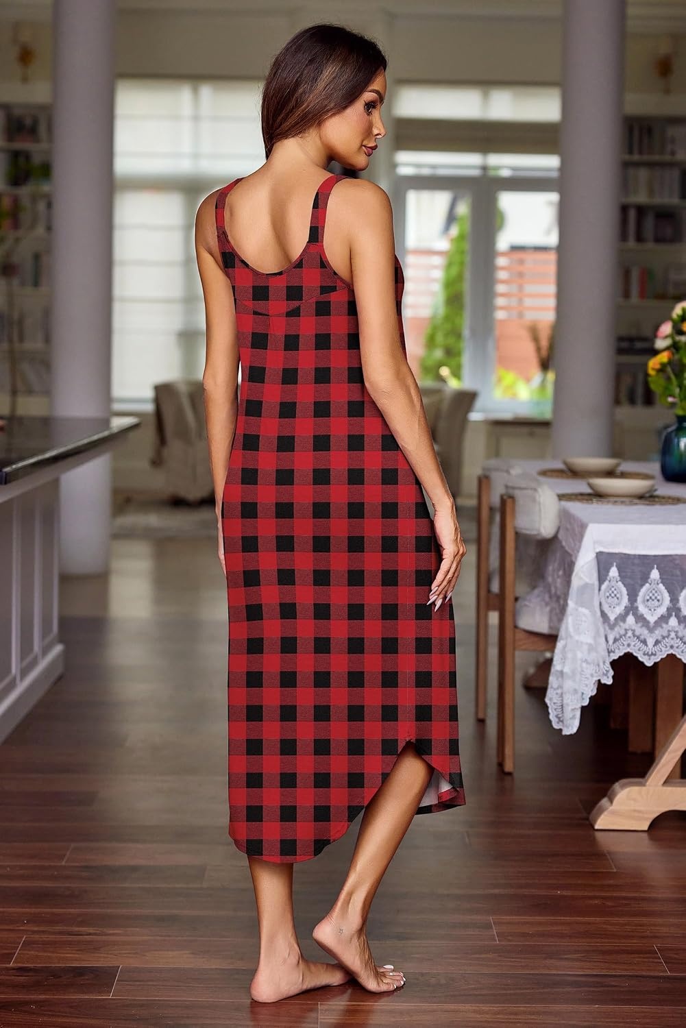 image:imageEkouaer Womens Sleeveless Nightgowns Long Sleep Dress Wide Strap SleepwearRed Plaid