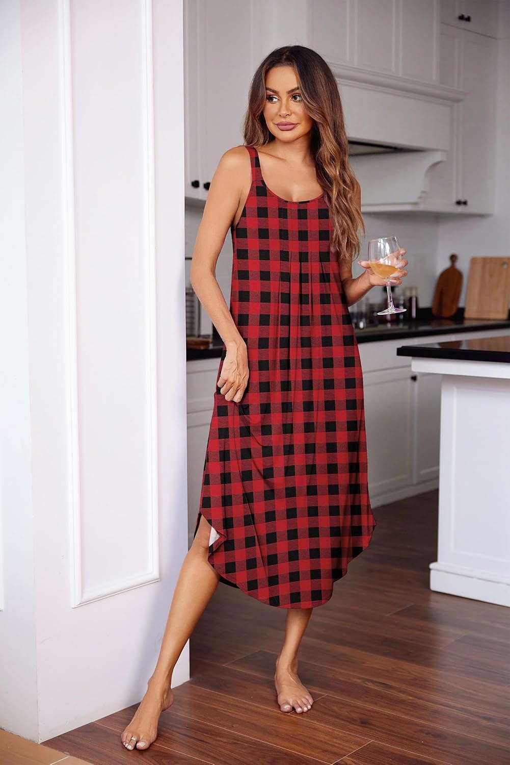 image:imageEkouaer Womens Sleeveless Nightgowns Long Sleep Dress Wide Strap SleepwearRed Plaid