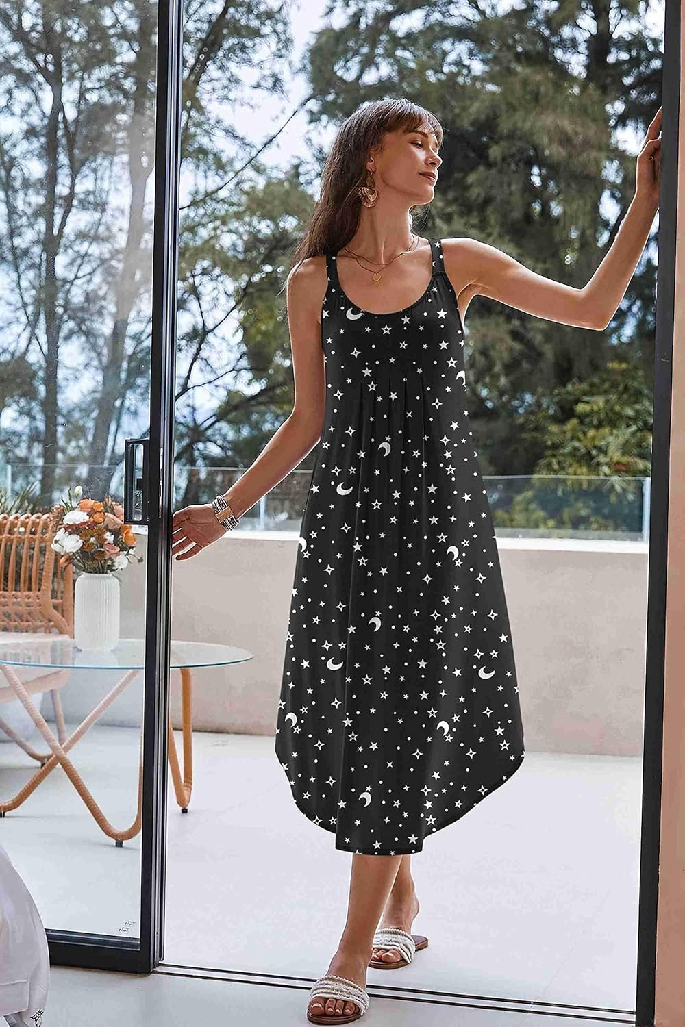 image:imageEkouaer Womens Sleeveless Nightgowns Long Sleep Dress Wide Strap SleepwearStar Moon Print