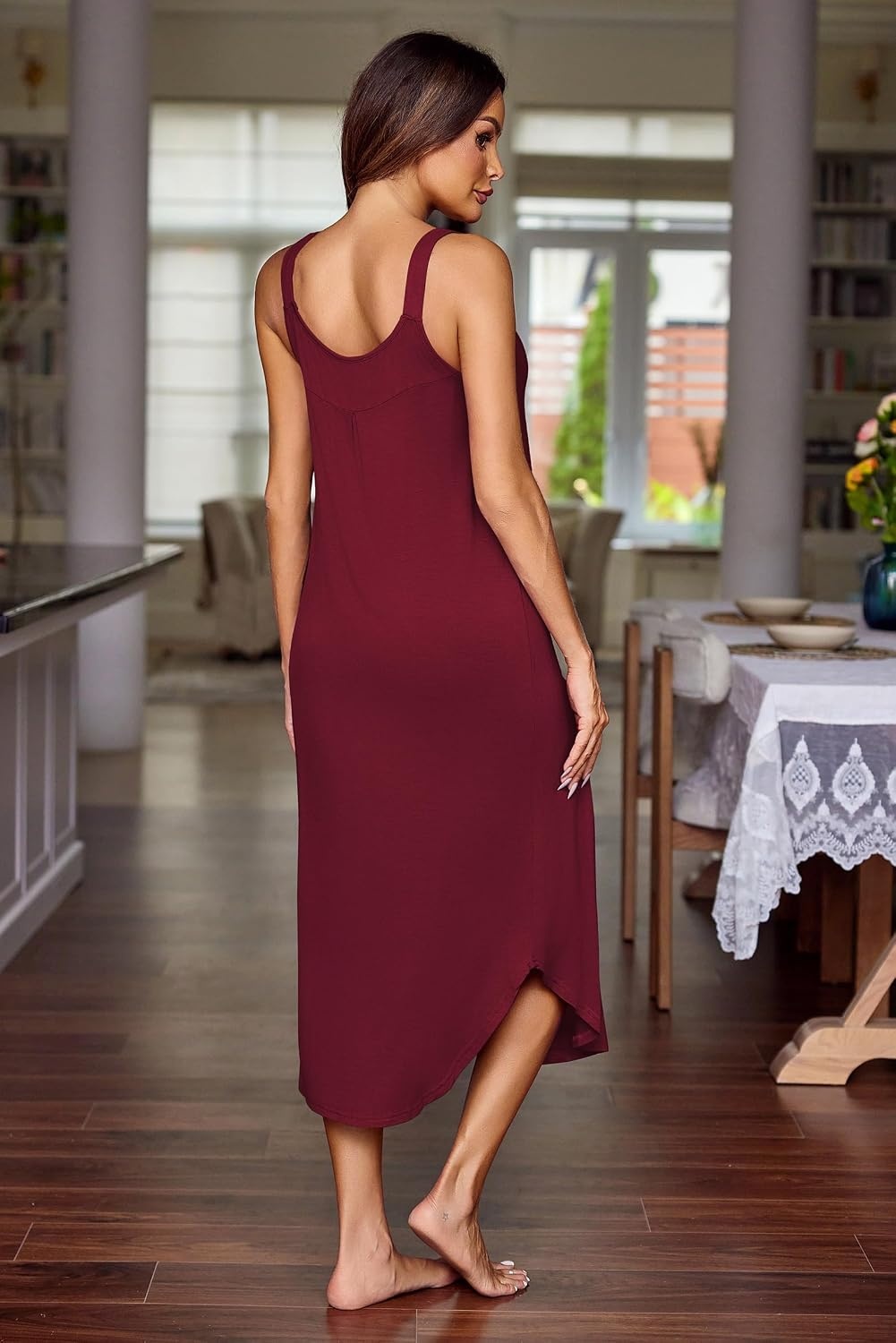 image:imageEkouaer Womens Sleeveless Nightgowns Long Sleep Dress Wide Strap SleepwearWine Red