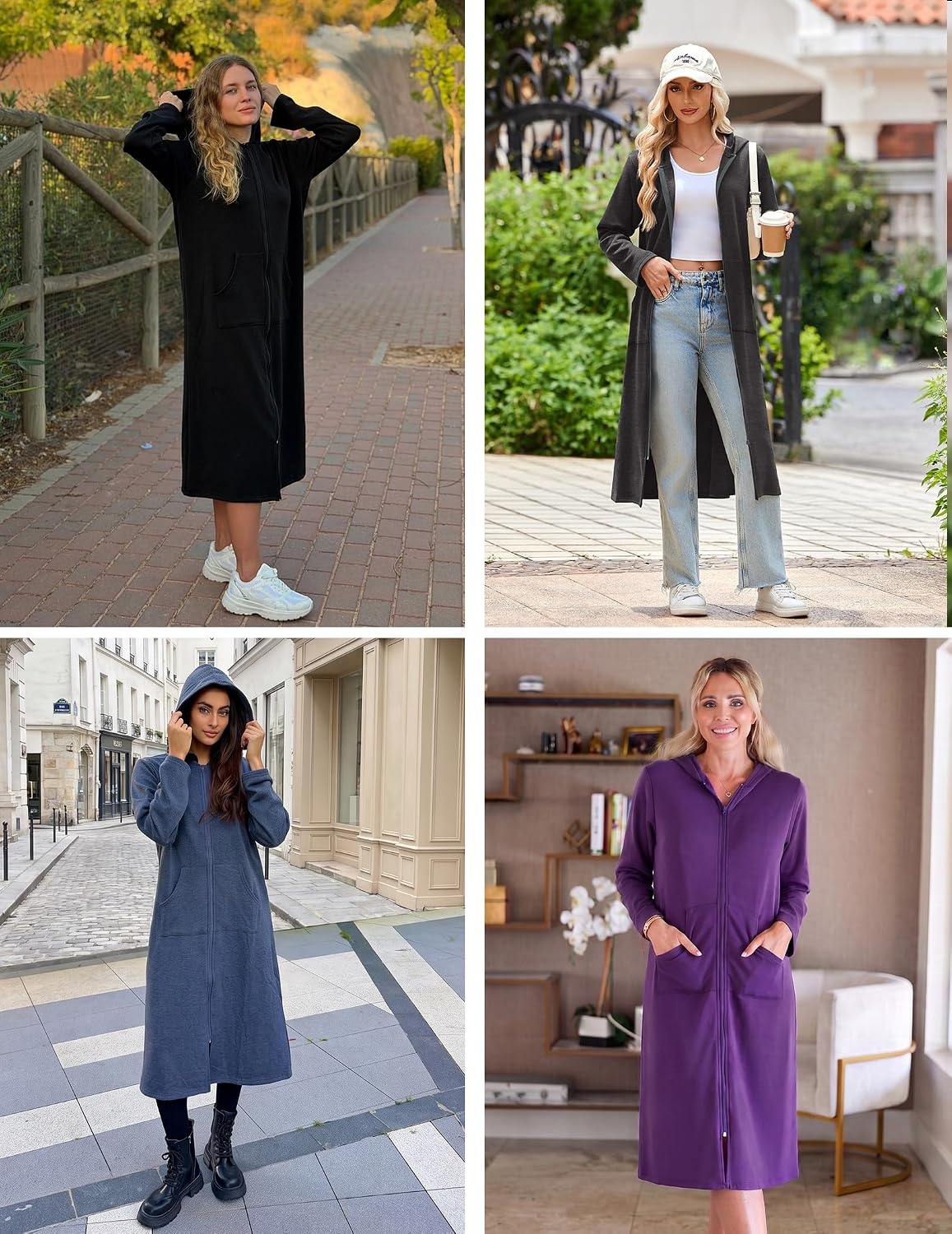 image:imageEkouaer Zipper Robe for Women Long Bath Robe Soft Housecoat Hooded BathrobeWine Red