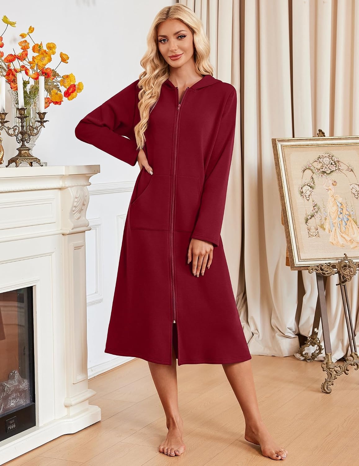 image:imageEkouaer Zipper Robe for Women Long Bath Robe Soft Housecoat Hooded BathrobeWine Red
