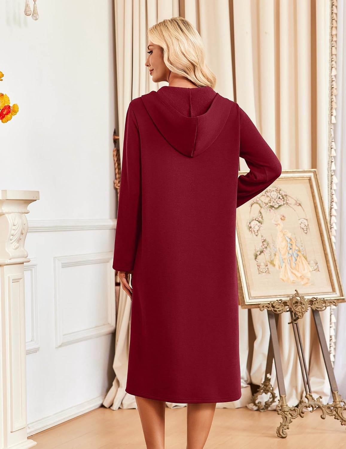 image:imageEkouaer Zipper Robe for Women Long Bath Robe Soft Housecoat Hooded BathrobeWine Red