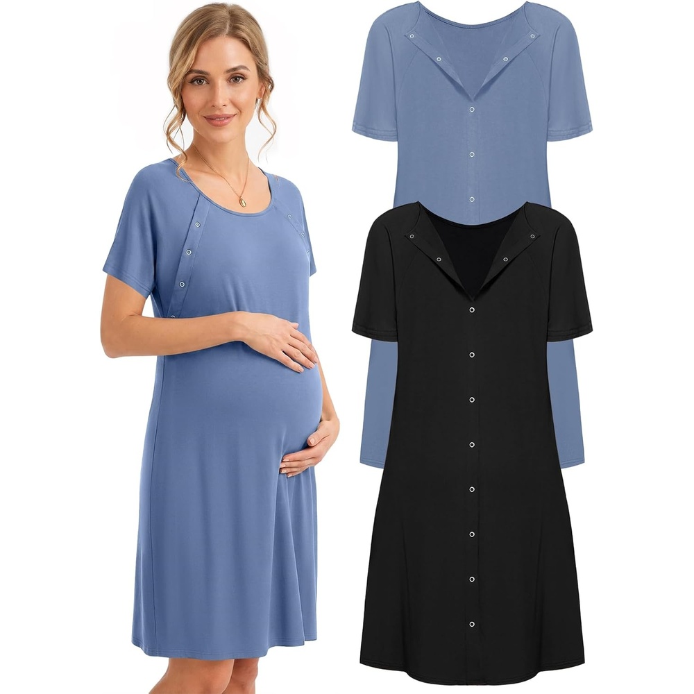 image:image2 Pack Labor and Delivery Gown 3 in 1 Maternity Nursing Hospital Nightgown2 Pcs Black Light Blue