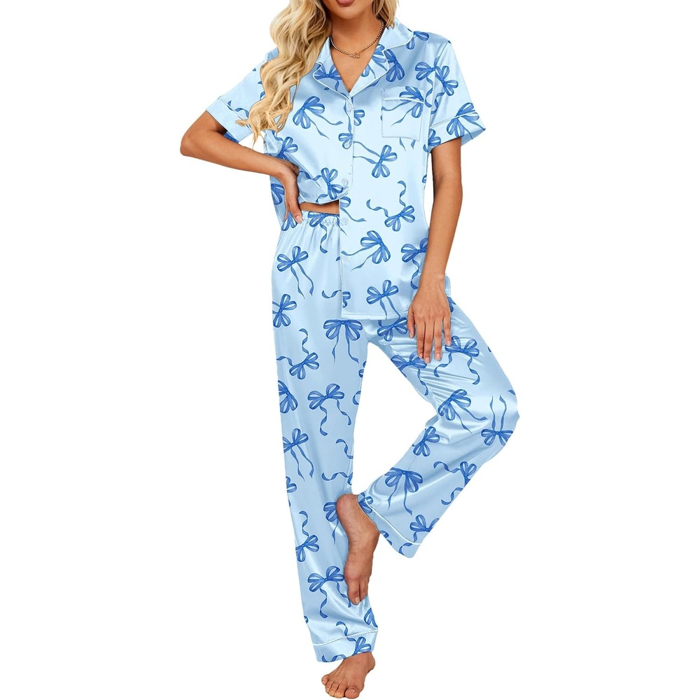 image:imageEkouaer 2 Piece Satin Short Sleeve Pajamas Set Button Down SleepwearBlue Bow