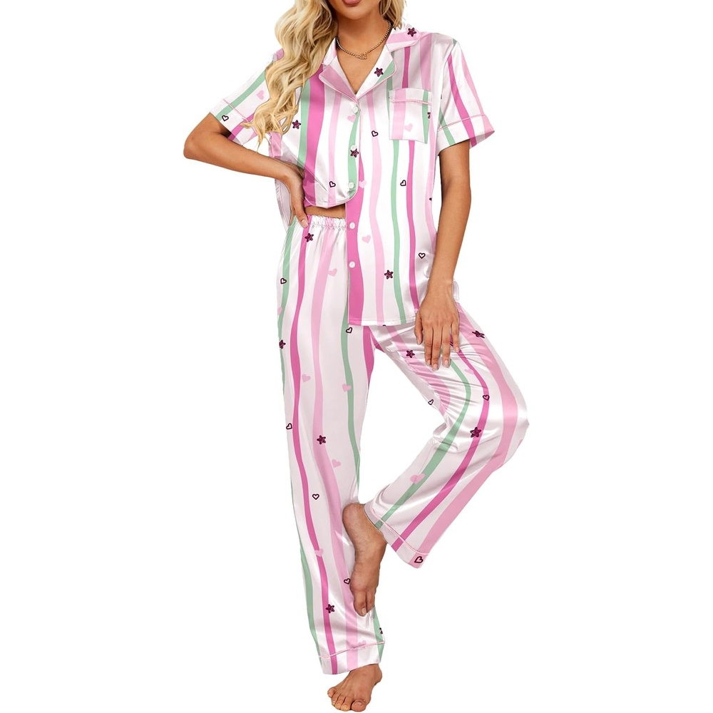 image:imageEkouaer 2 Piece Satin Short Sleeve Pajamas Set Button Down SleepwearColorful Striped Stars