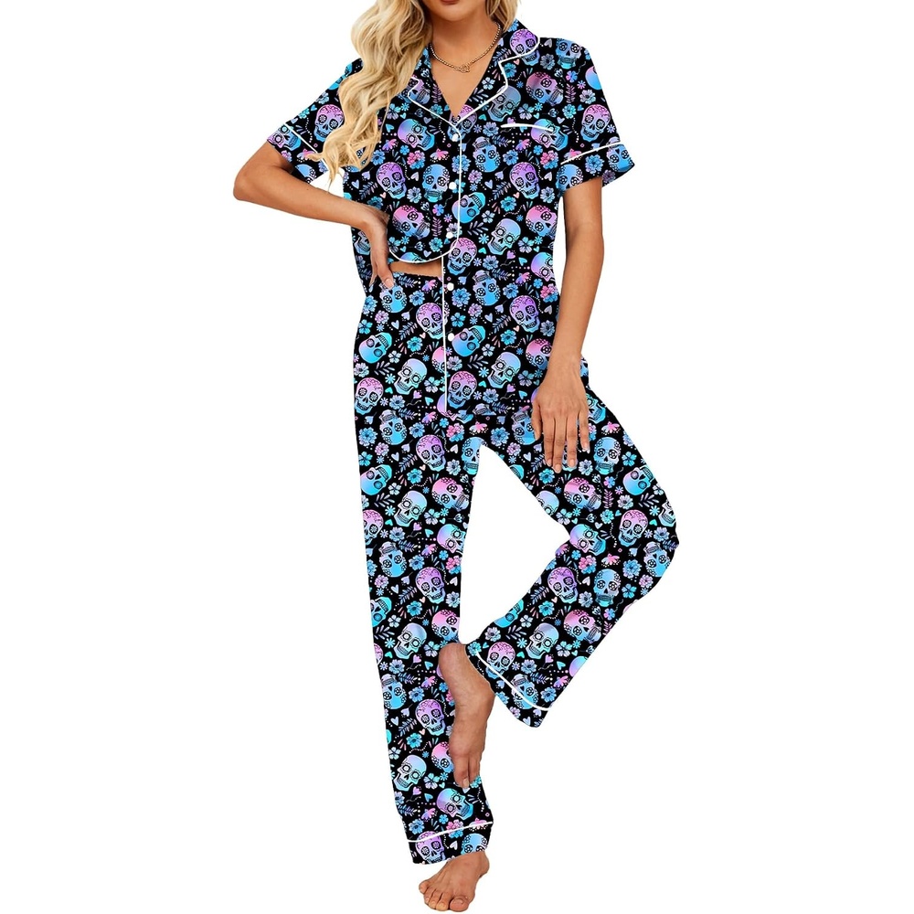image:imageEkouaer 2 Piece Satin Short Sleeve Pajamas Set Button Down SleepwearHalloween Pumpkin