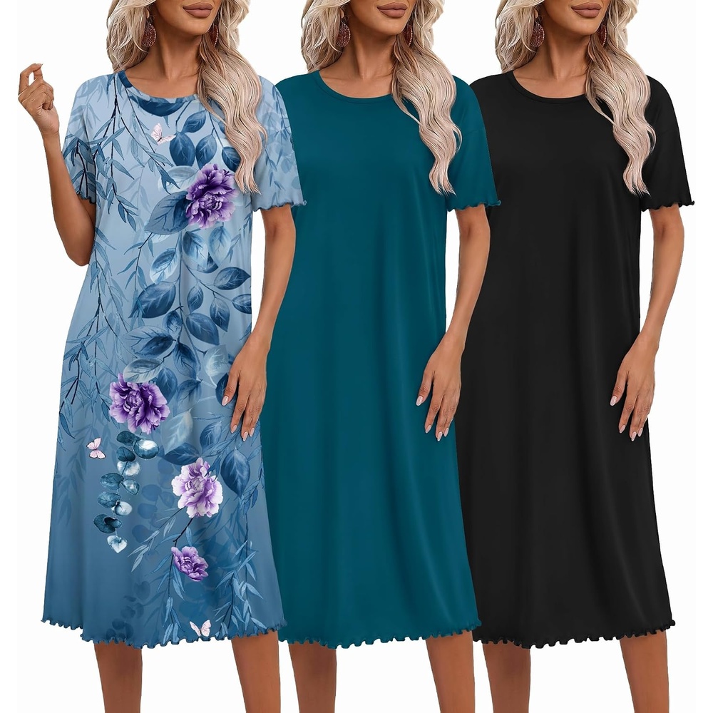 image:imageEkouaer 3 Pack Long Nightgowns for Women Ruffle House DressBlackblue Greencontinuous Floral Pattern