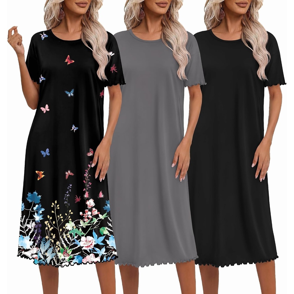image:imageEkouaer 3 Pack Long Nightgowns for Women Ruffle House DressBlackdeep Graybutterfly