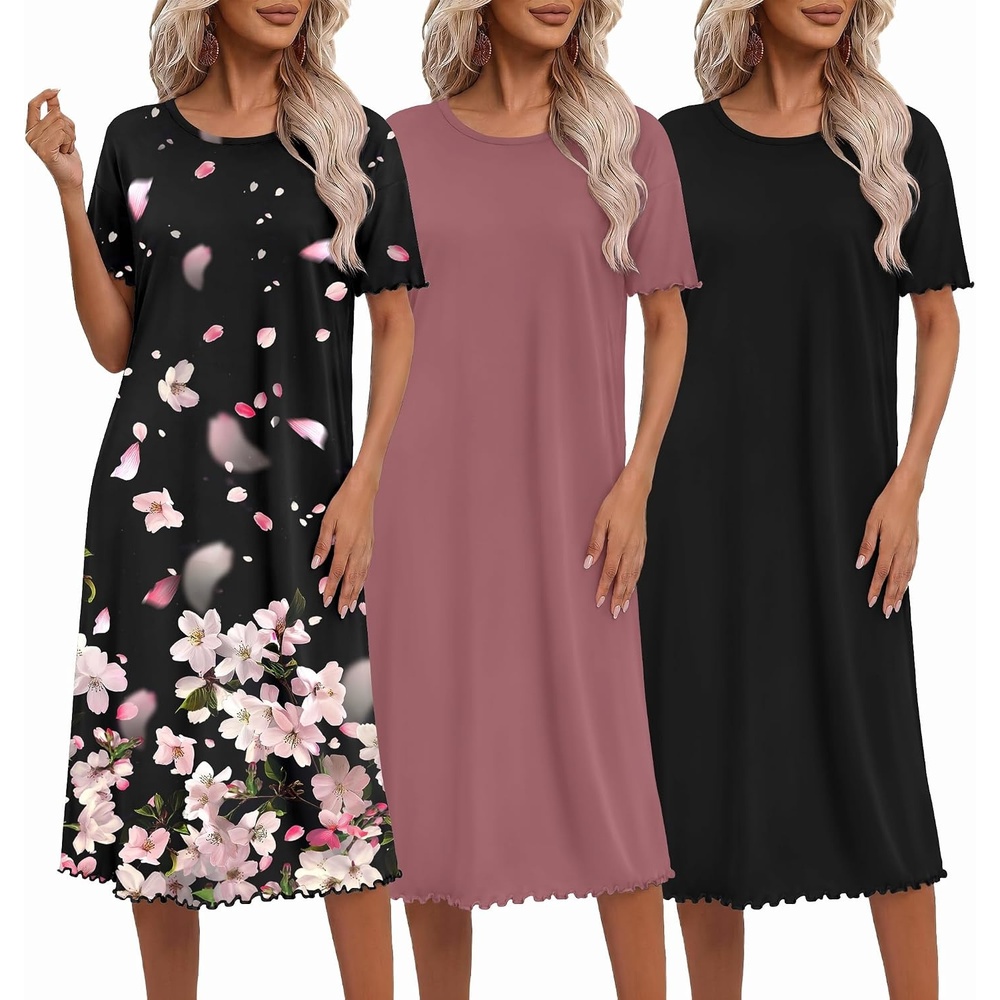 image:imageEkouaer 3 Pack Long Nightgowns for Women Ruffle House DressBlackdeep Pinkfloral Black