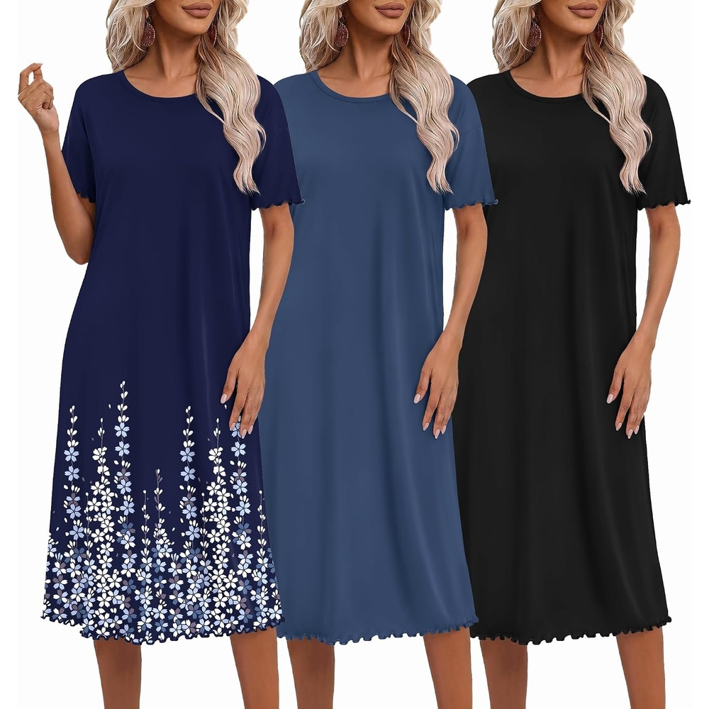 image:imageEkouaer 3 Pack Long Nightgowns for Women Ruffle House DressBlacknavysilhouette Florals