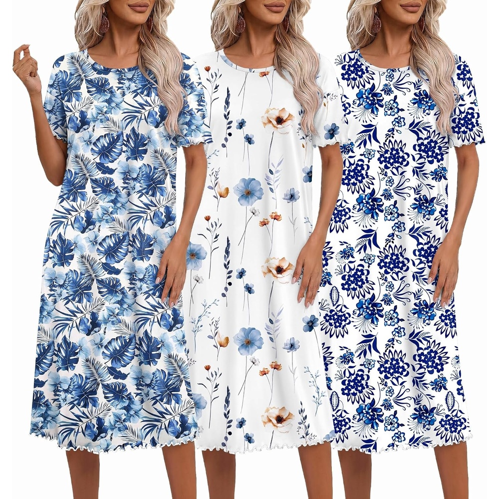 image:imageEkouaer 3 Pack Long Nightgowns for Women Ruffle House DressBranching Flowers  Flower Clusters  Hawaiian Flowers