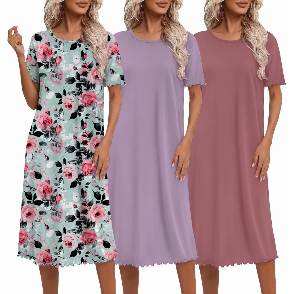 image:imageEkouaer 3 Pack Long Nightgowns for Women Ruffle House DressDeep Pinkpale Violetwatercolor Florals