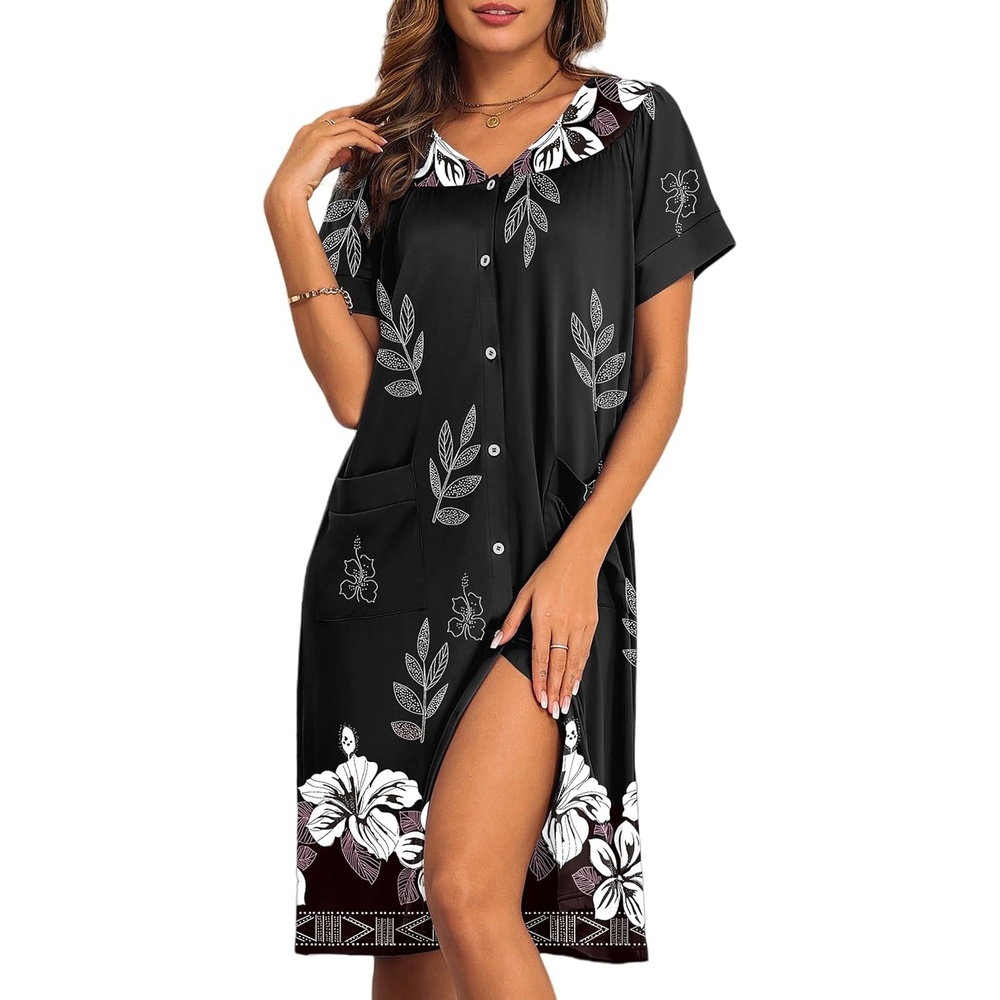 image:imageEkouaer House Dress for Women with Pockets Button Down Nightgowns Moo MoosBlack Flower