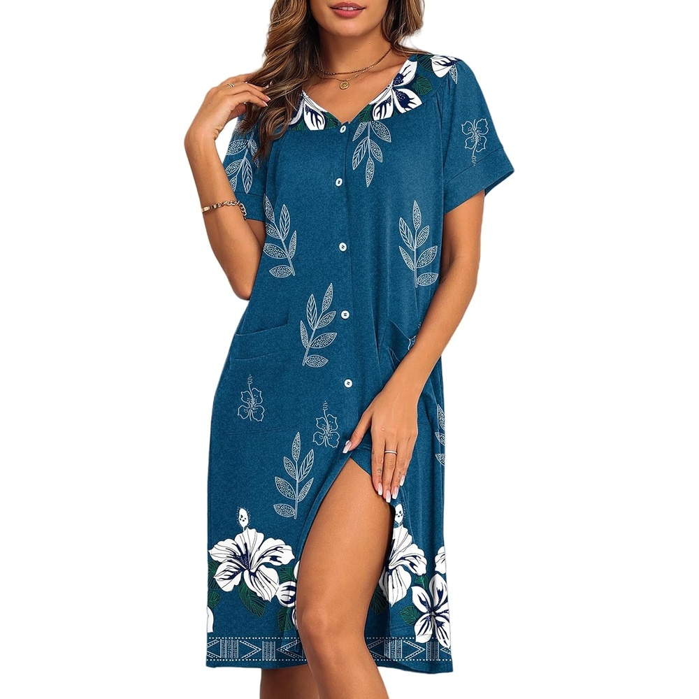 image:imageEkouaer House Dress for Women with Pockets Button Down Nightgowns Moo MoosBlue Green Flower