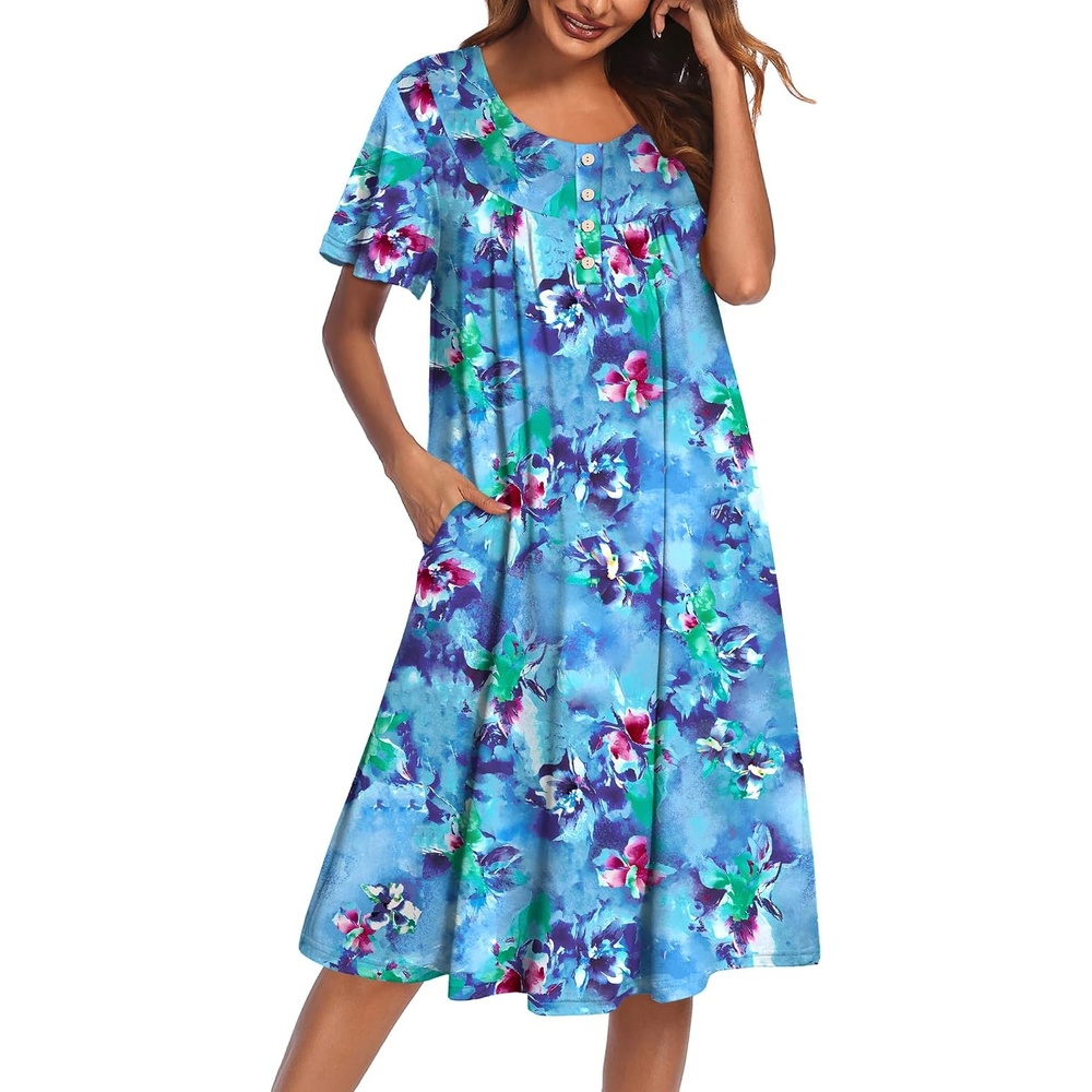 image:imageEkouaer House Dress for Women with Pockets Short Sleeve Moo Moos NightgownsAqua Multi