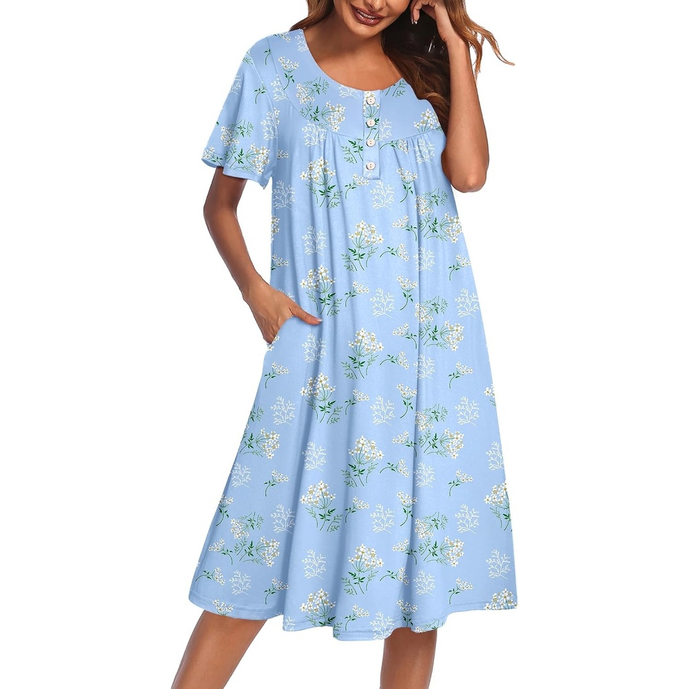 image:imageEkouaer House Dress for Women with Pockets Short Sleeve Moo Moos NightgownsFloral Light Blue