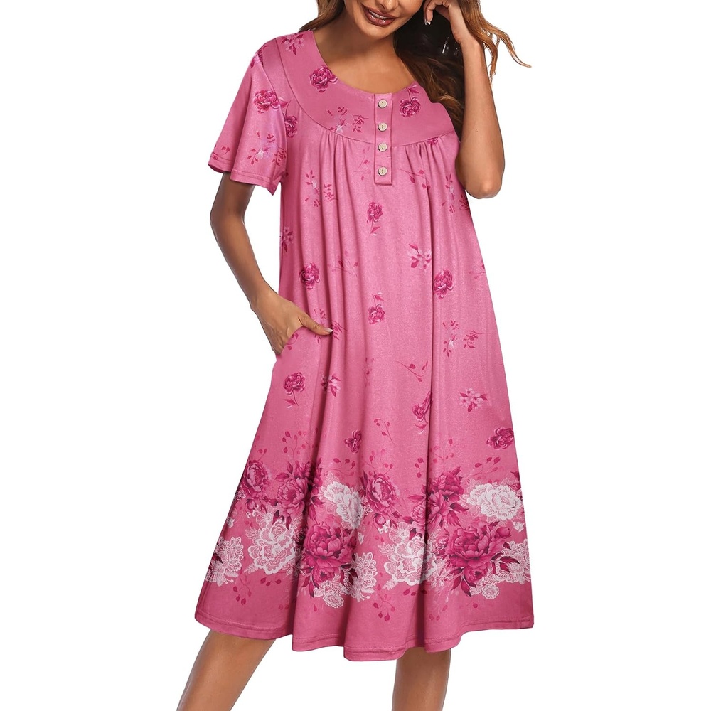 image:imageEkouaer House Dress for Women with Pockets Short Sleeve Moo Moos NightgownsFlower Pink
