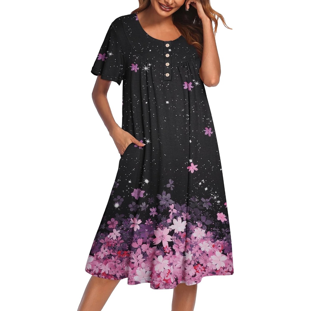 image:imageEkouaer House Dress for Women with Pockets Short Sleeve Moo Moos NightgownsNew Cherry Blossoms Black
