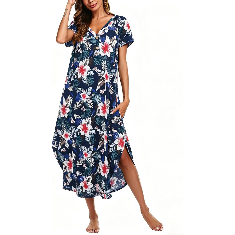 image:imageEkouaer Long Nightgowns For Women Short Sleeve Midi Nightgown With PocketsHawaii